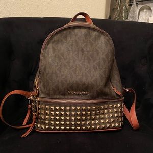 Michael Kors Logo Leather Brown Studded Backpack